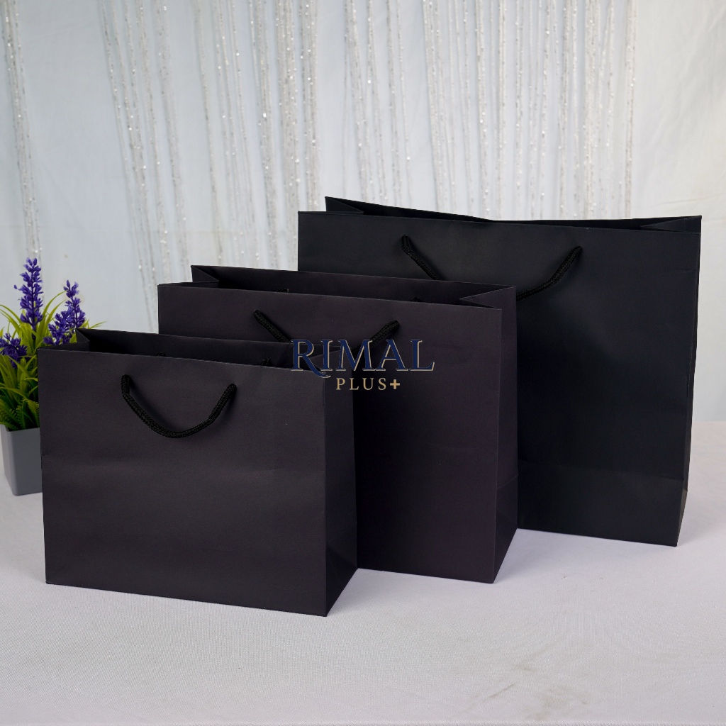 Paper Bag Polos Hitam horizontal Premium Dengan Rope Handles | Hampers Ramadhan Berbagai Ukuran (S/M