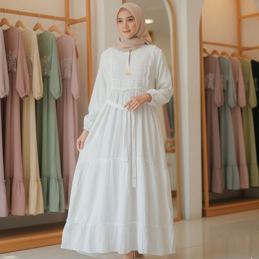 Gamis Canda Brokat Rempel 3 Susun/Gamis Jumbo Polos Terbaru/Baju Muslimah kekinian/Gamis Viral Termu