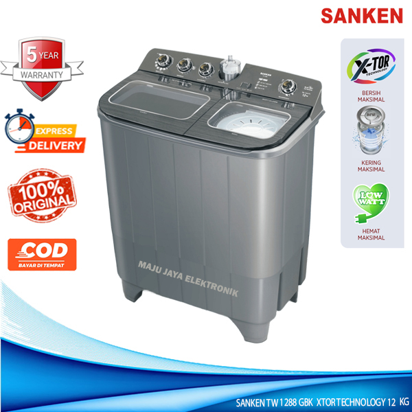 Mesin Cuci 2 Tabung SANKEN TW 1288 GBK XTOR Technology Super Spin Dry Hijab Series Tutup Kaca 12 KG