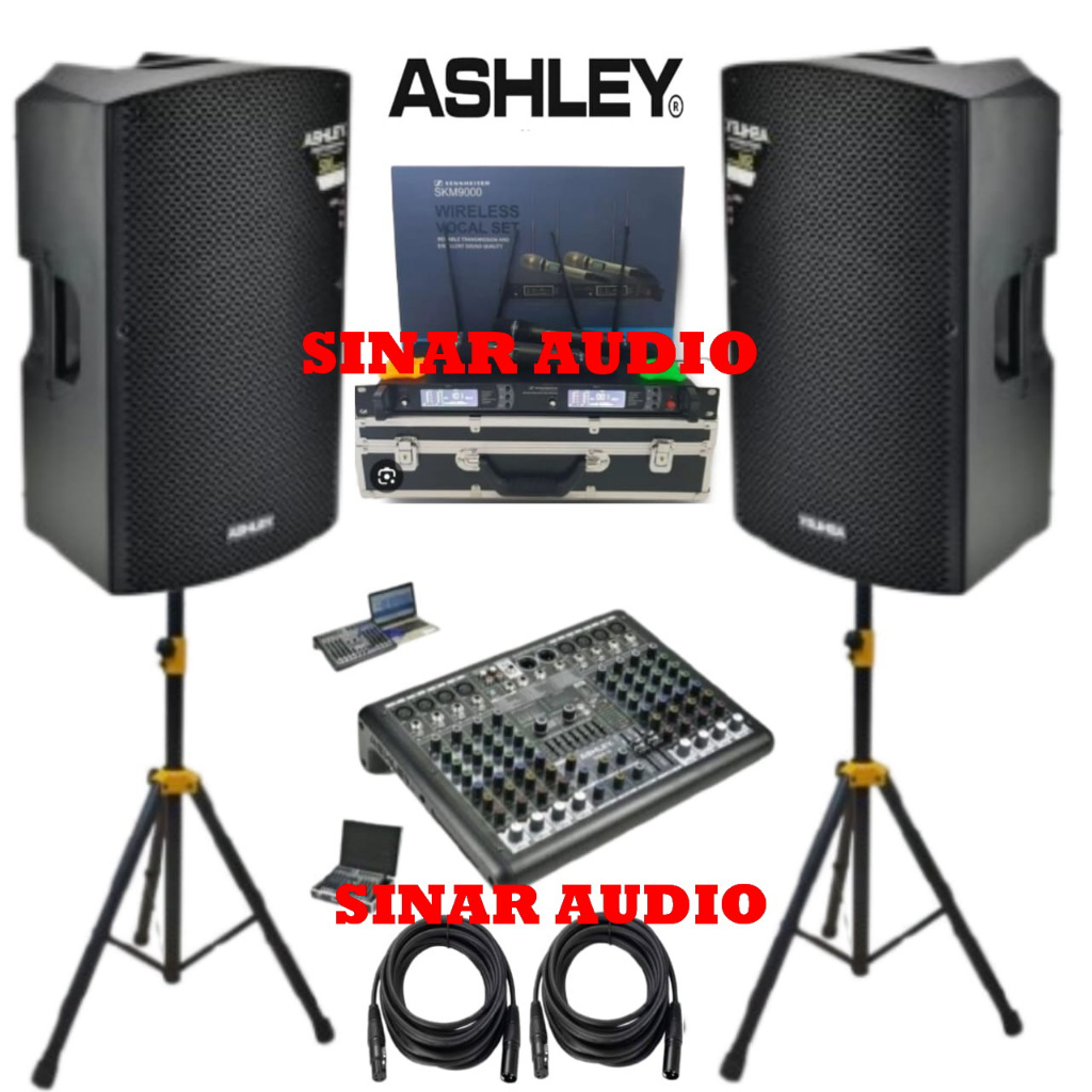 Paket Sound System Ashley AR500 15 Inch 500 Watt Komplit Mixer Ashley SMR8 8 channel Dan Mic Wireles