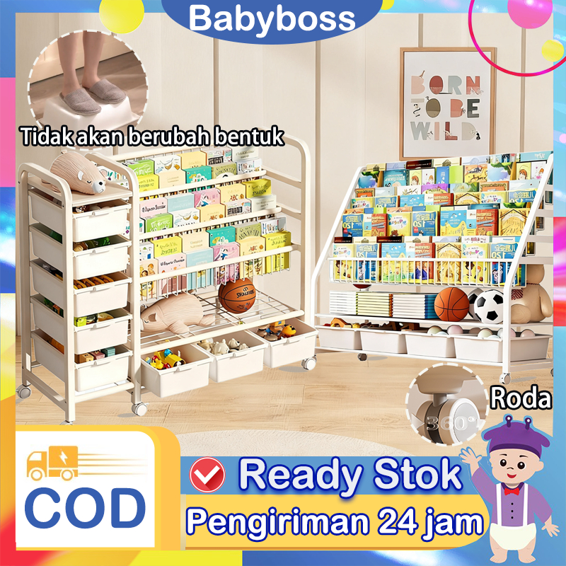 Rak Buku Susun Serbaguna Tempat Rak Buku Anak Rak Portable Roda Rak Mainan Rak Roda Toy Storage