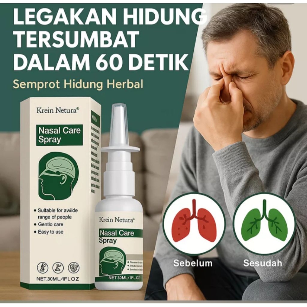 kreain nature nasal spray. spray herbal aman digunakan. menjaga hidung tetap segar & nyaman.