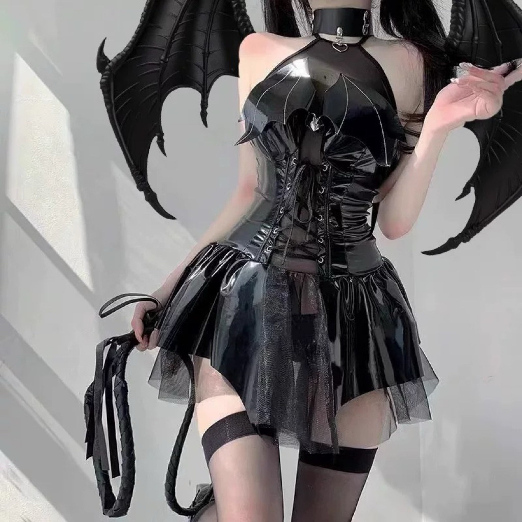 【Moonfairy】Mini Black Latex Devil Costume Cosplay Halloween Set Kostum Gothic Cute Sexy Devil