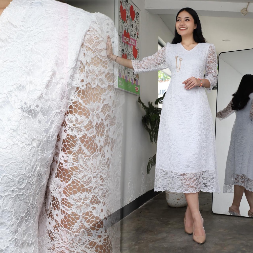 DRESS BRUKAT NATAL V-NECK WARNA PUTIH FREE BROS