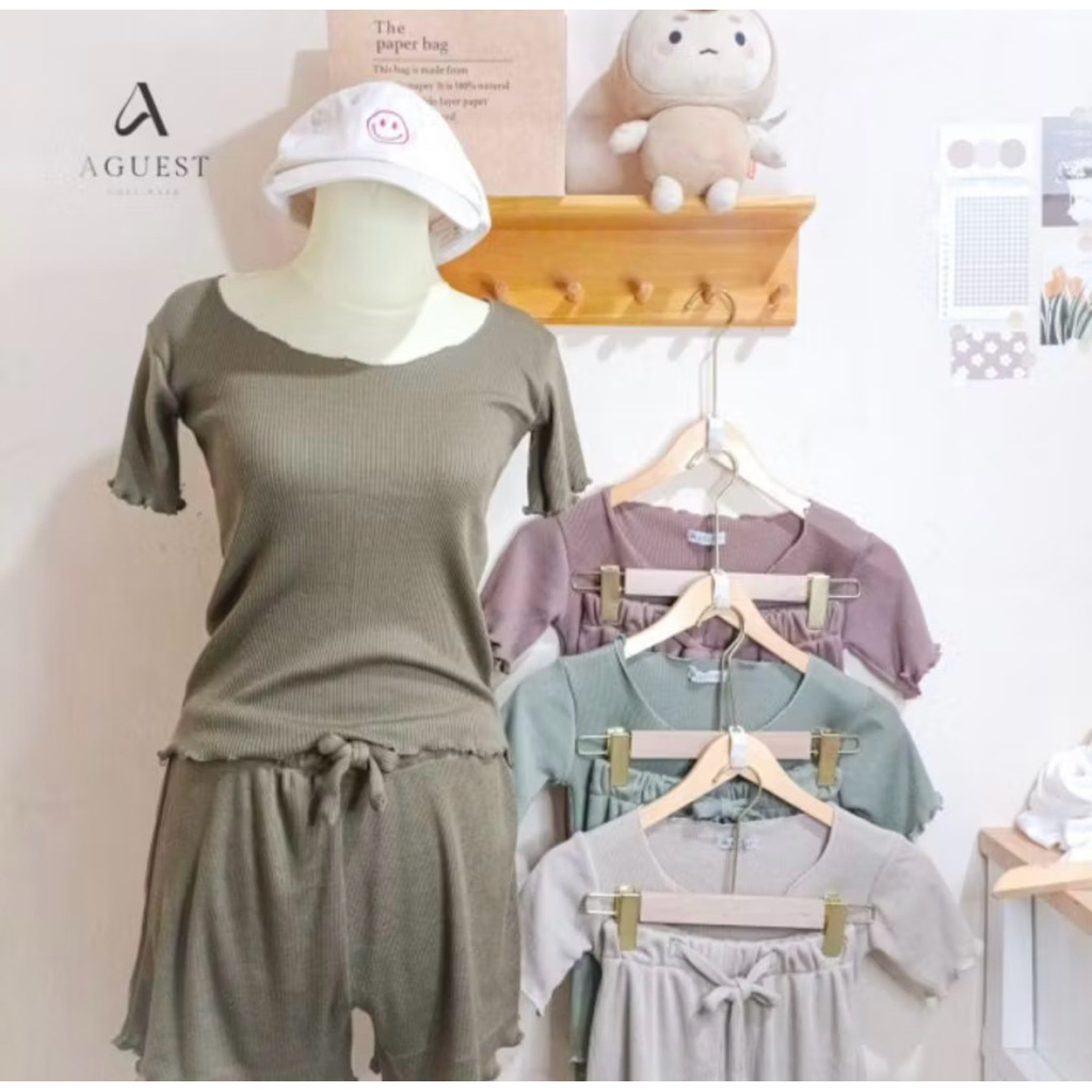Aguest One Set Setelan Piyama Baju Tidur pendek sexy body fit korean