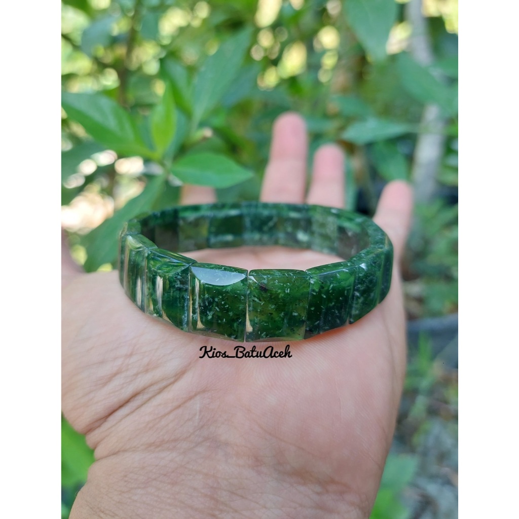 Gelang Batu Giok Black Jade Super Loreng Abstrak Original Asli Aceh Cembung Cutting Full Tembus