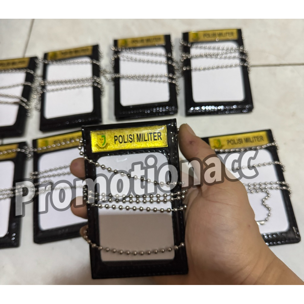 ID Card saku kulit 2 sisi Magnet Logo PM Polisi Militer Kulit Hitam Glossy Plus Kalung Rantai PREMIU