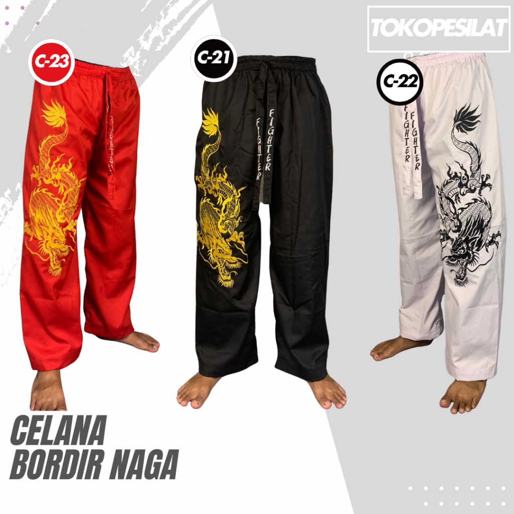 Celana Pakaian Silat Bordir Komprang Panjang Hitam Pangsi Kombor Motif Gambar Naga Untuk Latihan Pri