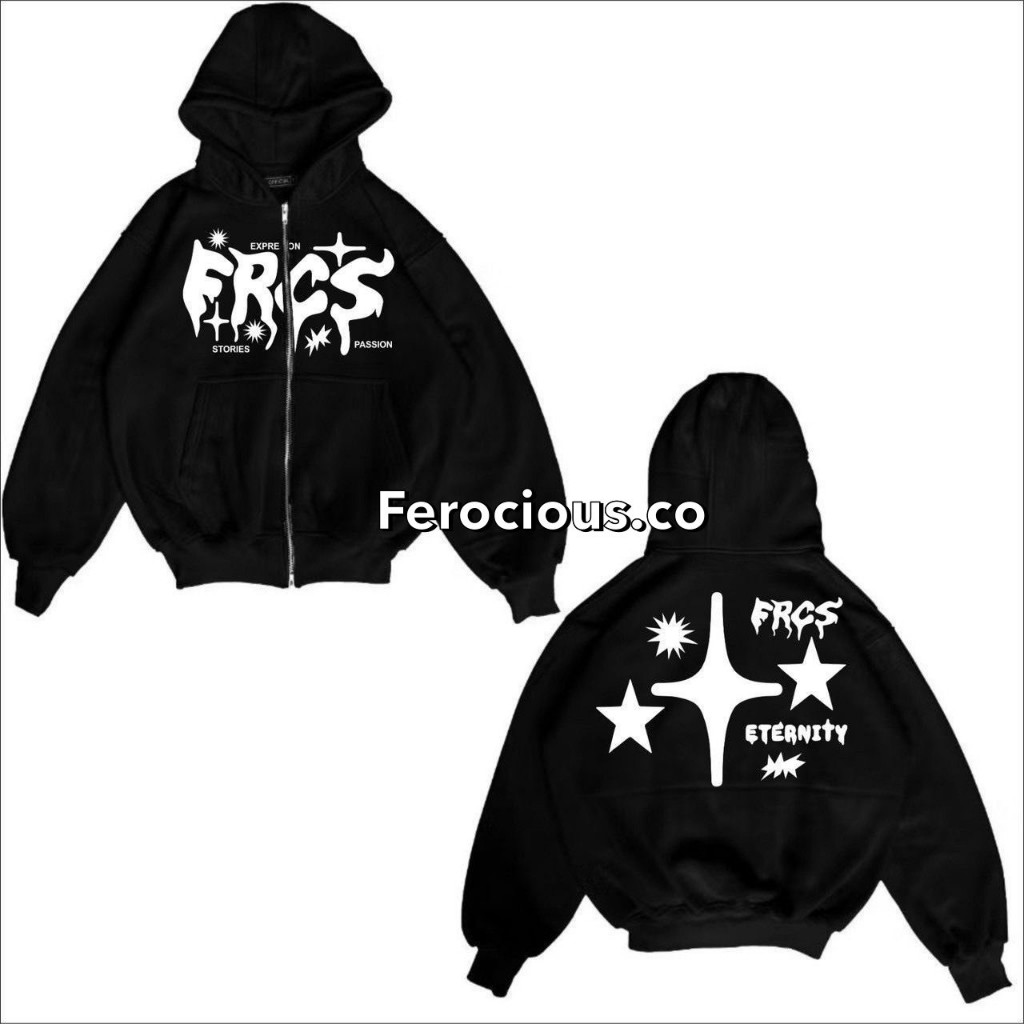 Jaket Sweater Hoodie Boxy Zipper Eternity Black Pria Wanita Premium Full Tag & Label