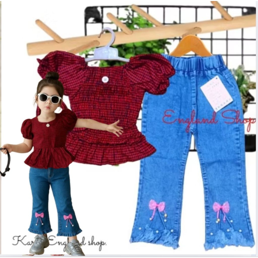 Setelan Baju Sabrina Kerut  Celana Jeans Anak Perempuan korea Import 1 2 3 4 5 6 7 8 9 10 Tahun terb