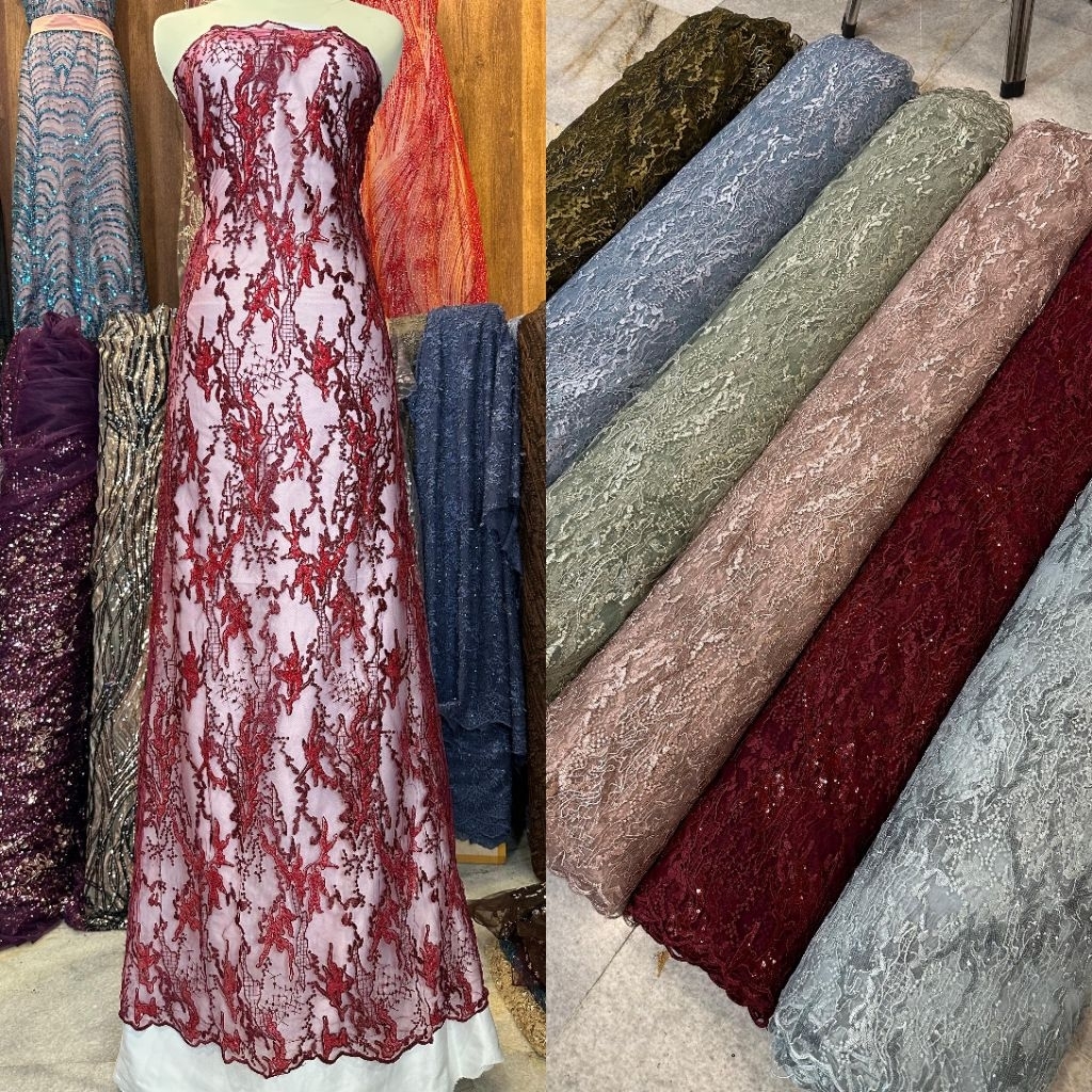 kain tille devina with payet squeen quality super premium lembut/bahan brukat kebaya pesta wisuda/br