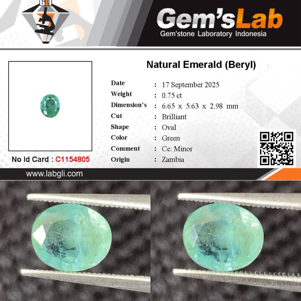 0,75 cts Natural Emerald Beryl / Zamrud origin Zambia Ce Minor Memo GLI