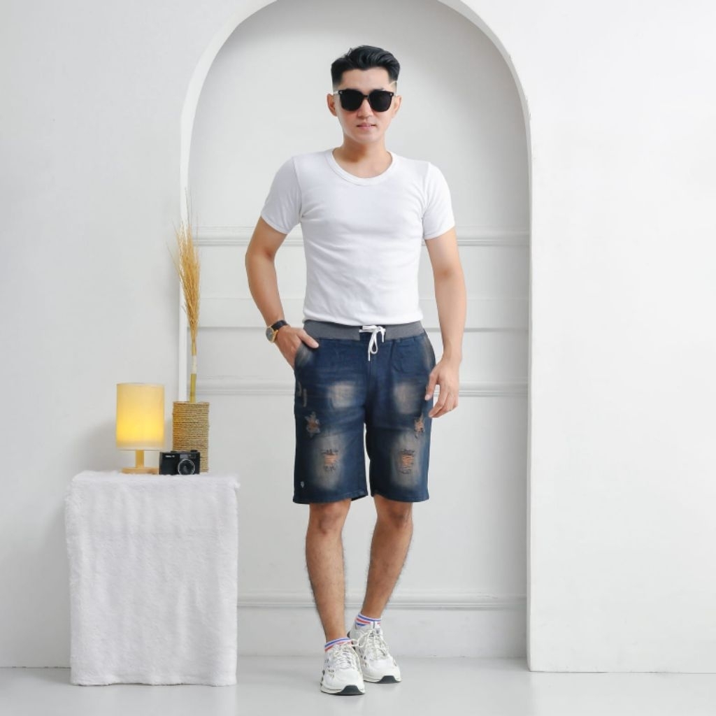 CELANA PENDEK PRIA JEANS KOLOR RIP PINGGANG KARET JEANS KOLOR