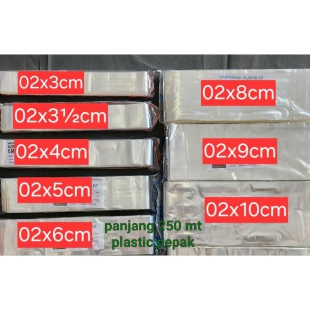 plastik PP rol bening panjang 250 meter tebal 0.02 berbagai ukuran lebar 3,5cm, 4cm , 5cm , 6cm, 7cm