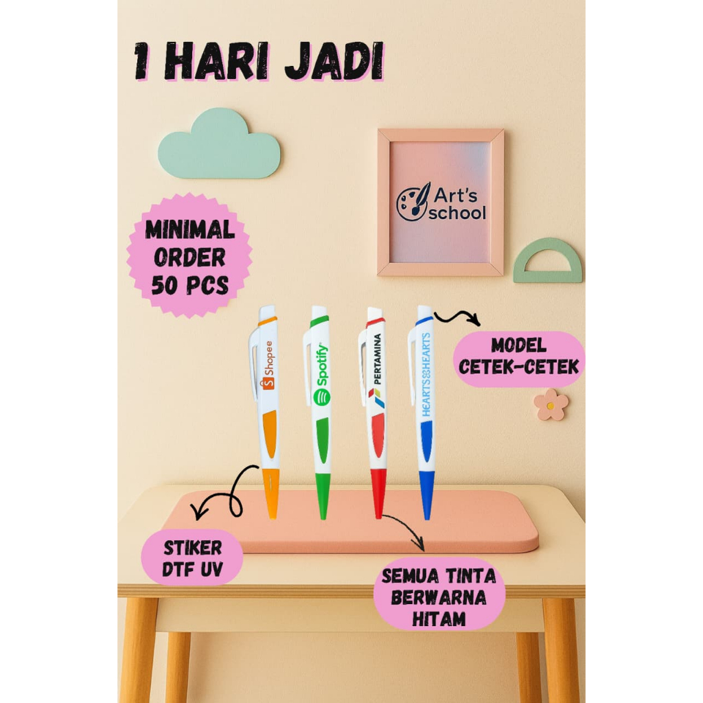 Bollpoint Pena Pulpen Gepeng Custom Logo Nama Stiker UV Free Desain Bebas Custom Murah Souvenir Acar