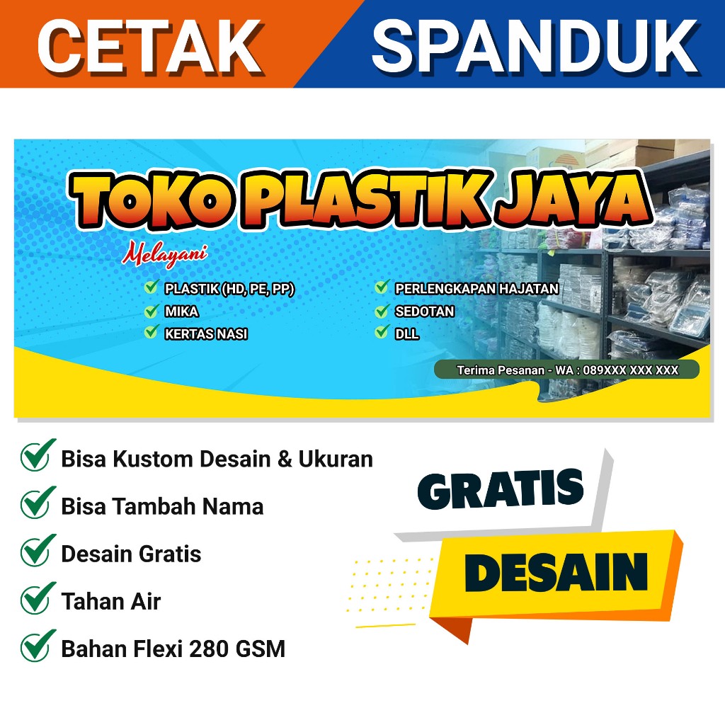 Cetak Spanduk Banner Untuk Toko Plastik Ukuran 200x80 / Bisa Kustom Ukuran dan Tulisan