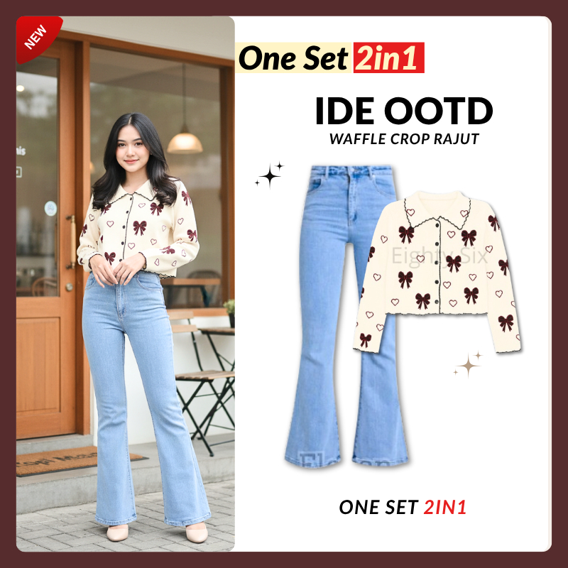 One Set Waffle Crop Rajut (Cardigan + Celana Cutbray + Rok mini + Bella Square) Ootd Kekinian
