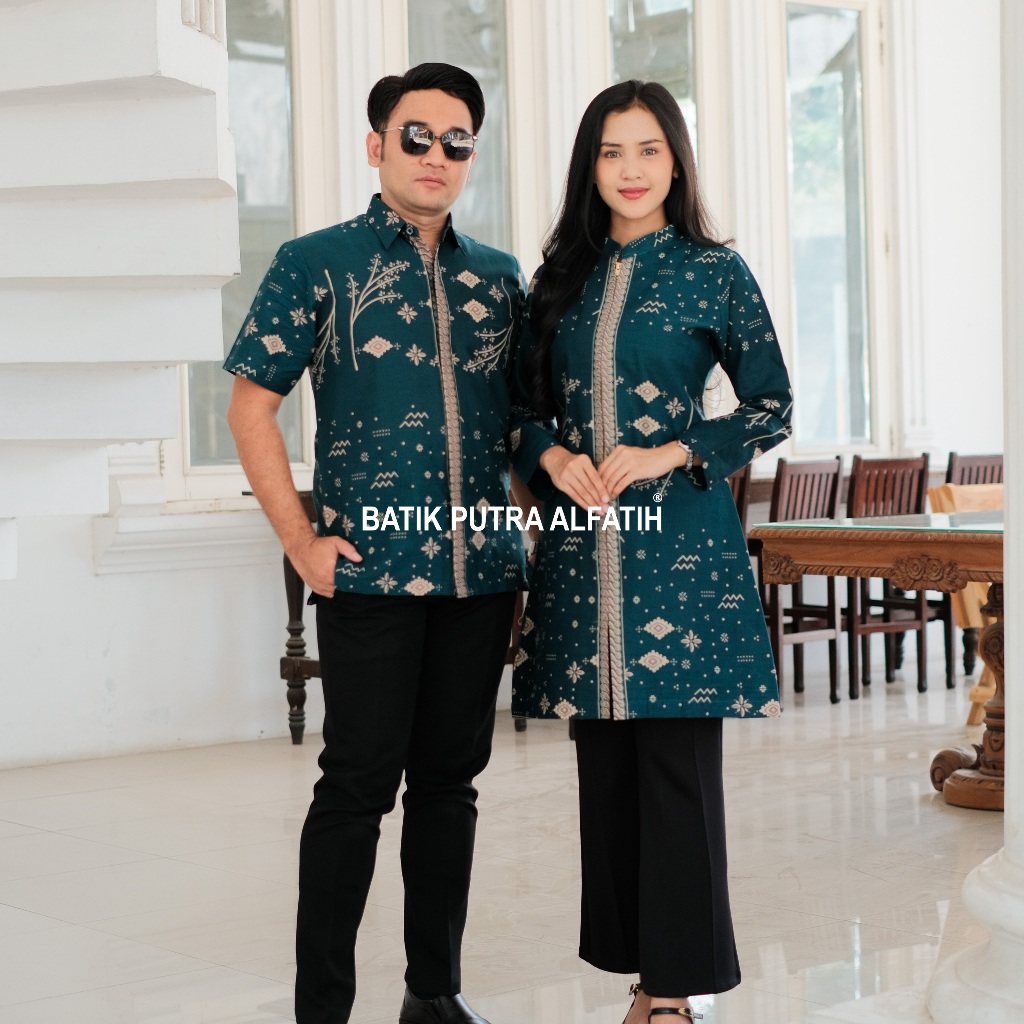 Batik Alfatih Couple Batik Premium Kemeja Tunik Batik Modern Motif Amarta Warna Hijau Botol