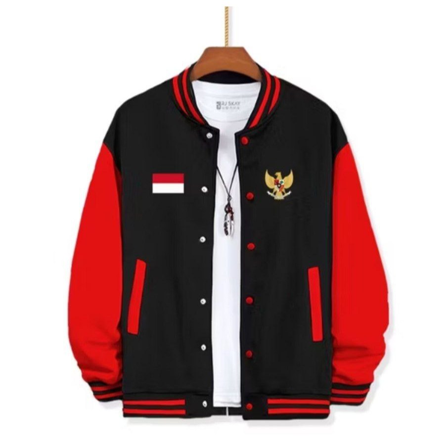 Jaket Baseball Varsty Kancing Hitam Merah Keren Motif Garuda