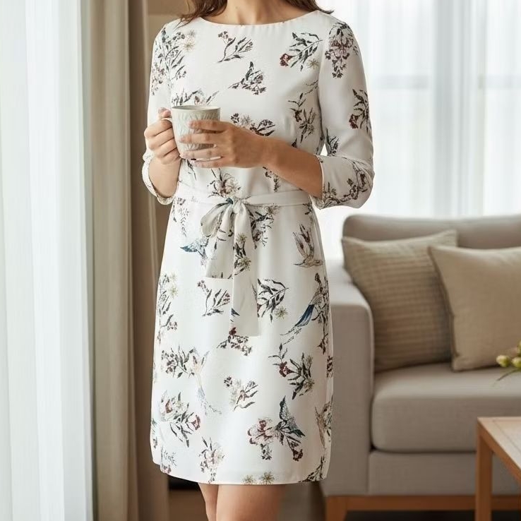Minioutlet HM white printed 3/4sleeve dress rok putih lengan 3/4