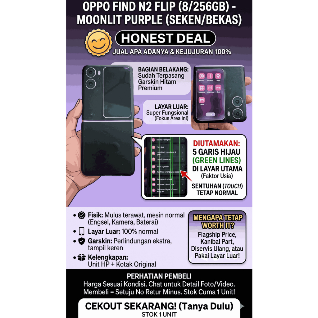 Oppo Find N2 Flip 5G 8/256GB Second Original - Minus Green Line Layar Lengkap Box