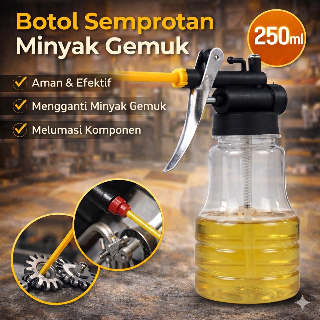 Botol Minyak Gemuk Semprotan Grase Gun 250ml pompa oli tekanan tinggi pelumas transparan mesin mekanik alat tembak semprotan tabung plastik ujung kuningan bengkel Mesin motor mobil sepeda rantai jahit anti bocor bening manual perawatan serbaguna injektor
