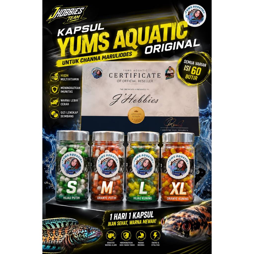 Yums Capsule - TINGGI Multivitamin Pakan Channa Maru berkualitas ukuran baby-20cm-30cm-jumbo