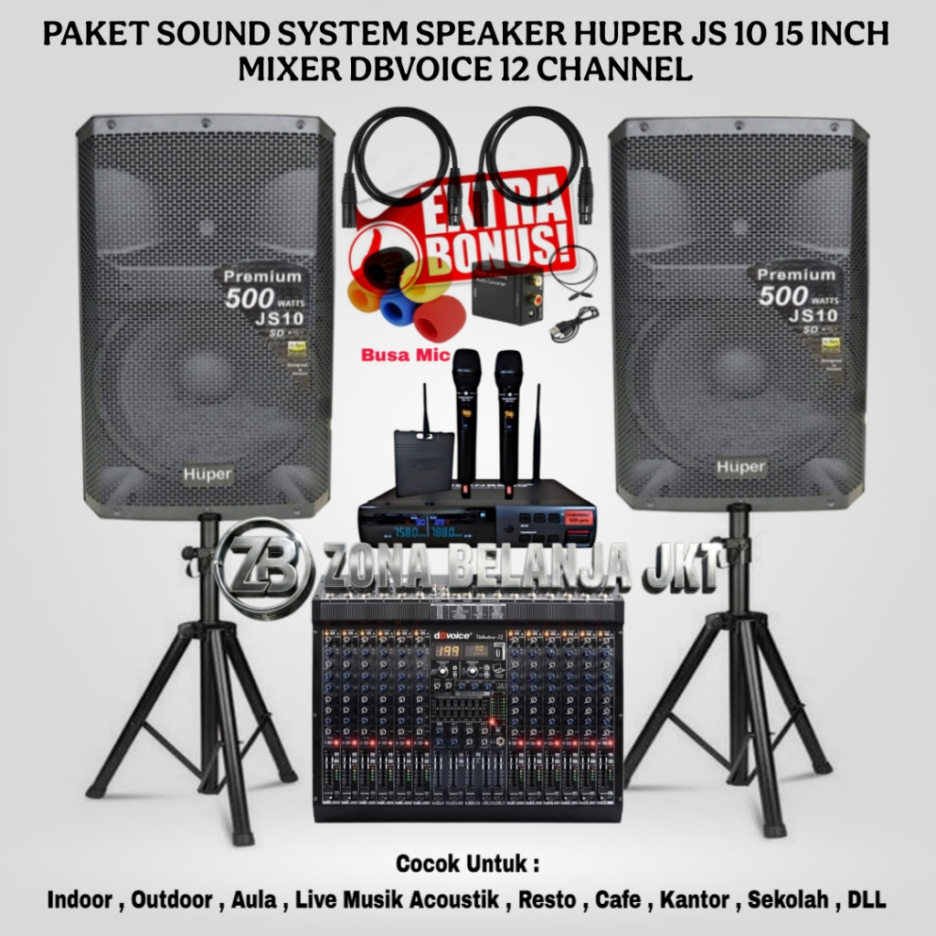 PAKET SOUND SYSTEM KARAOKE LIVE MUSIK SPEAKER HUPER JS10 15 INCH MIXER DBVOICE 12 CHANNEL USB BLUETO