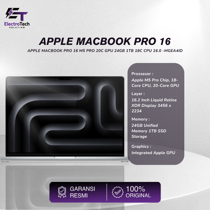 APPLE MACBOOK PRO 16 M5 PRO 20C GPU 24GB 1TB 18C CPU 16.0 RESMI