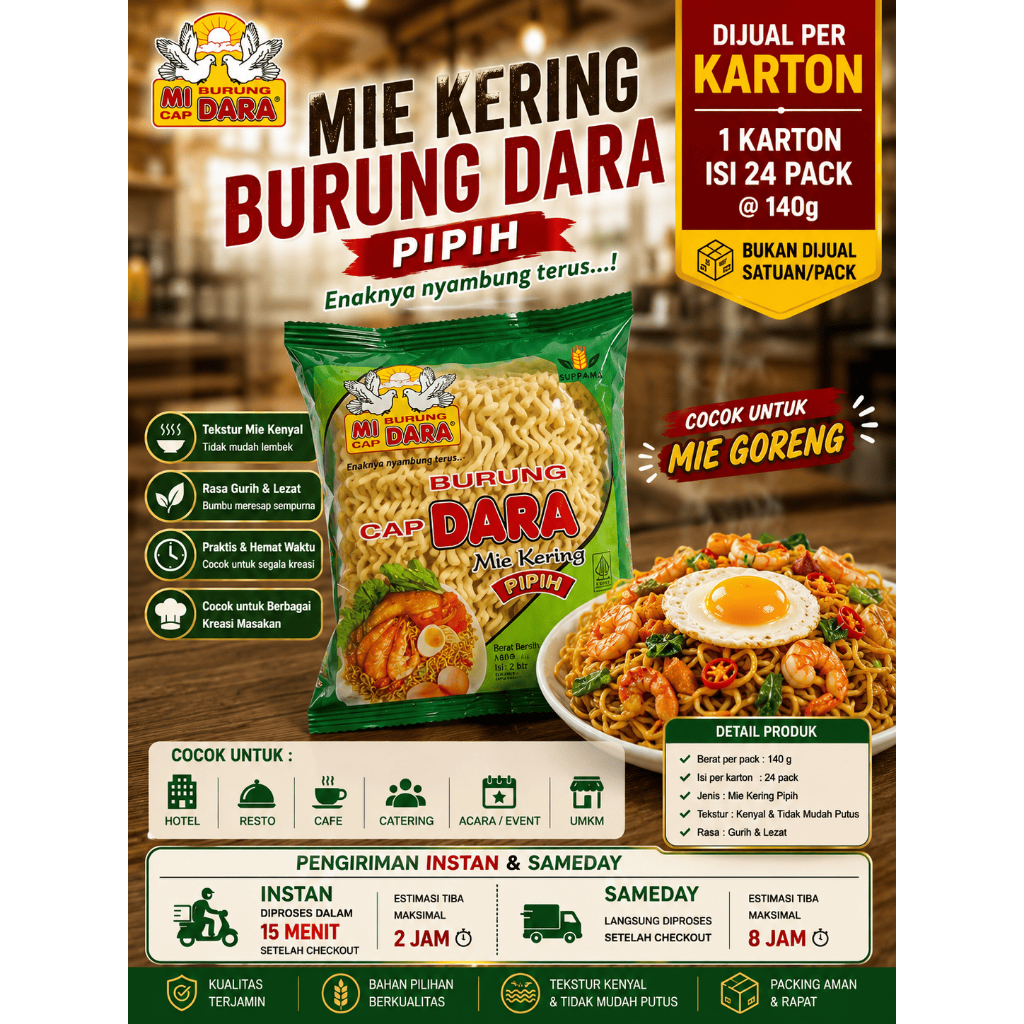 Burung Dara Mi Renteng Pipih 140g x 24 Pack (1 Karton) Mi Kering Premium | Ready Stock | Instan & Sa