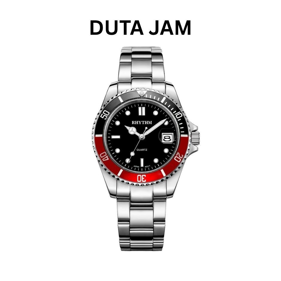 JAM TANGAN PRIA RHYTHM RQ1601 S05 RQ1601S05 ANALOG SILVER BLACK RED STAINLESS STRAP