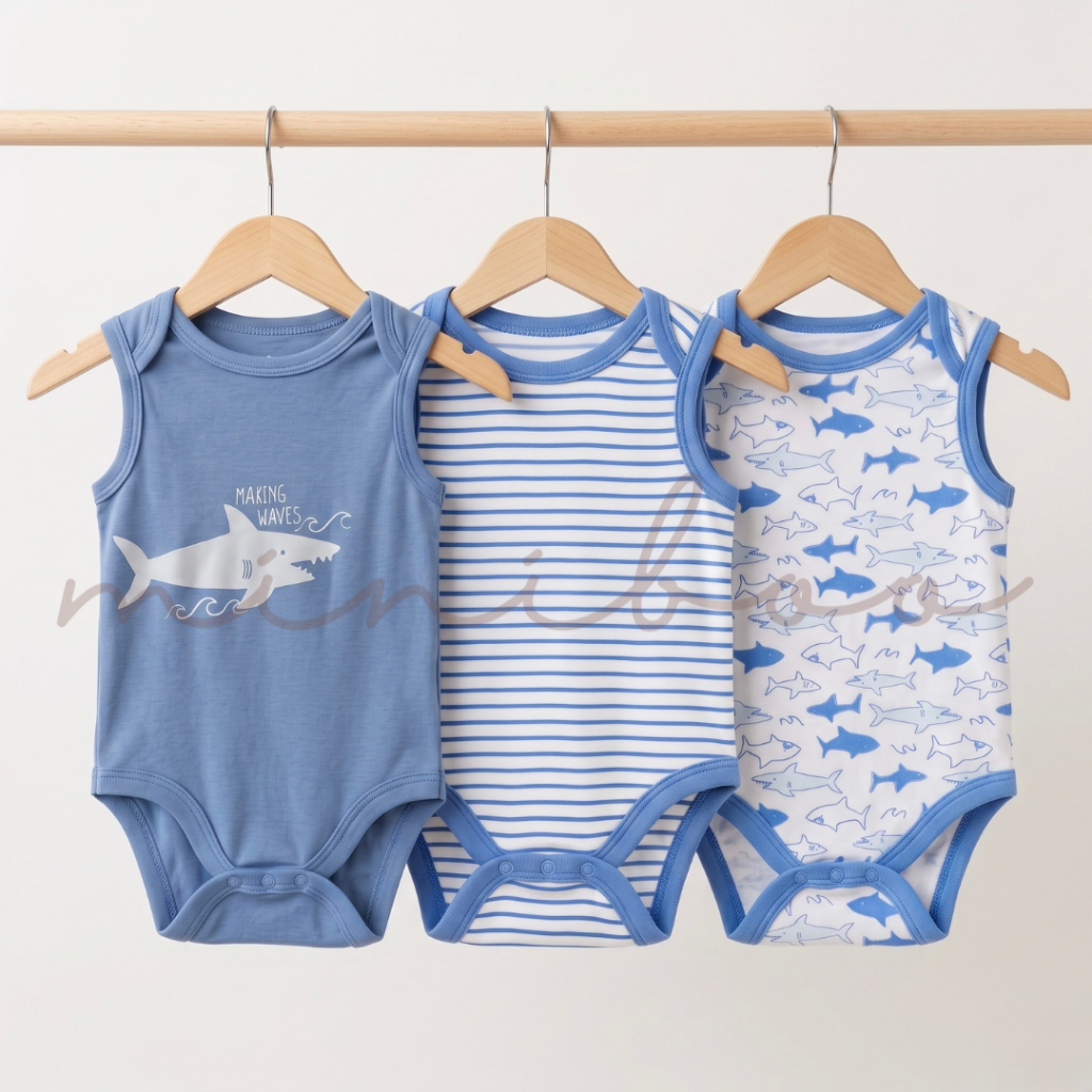 MINIBOO - Jumper Bayi Kutung 3pcs Unisex Bodysuit Sleeveless Katun Lembut 0-9bulan (3VS WAVES)
