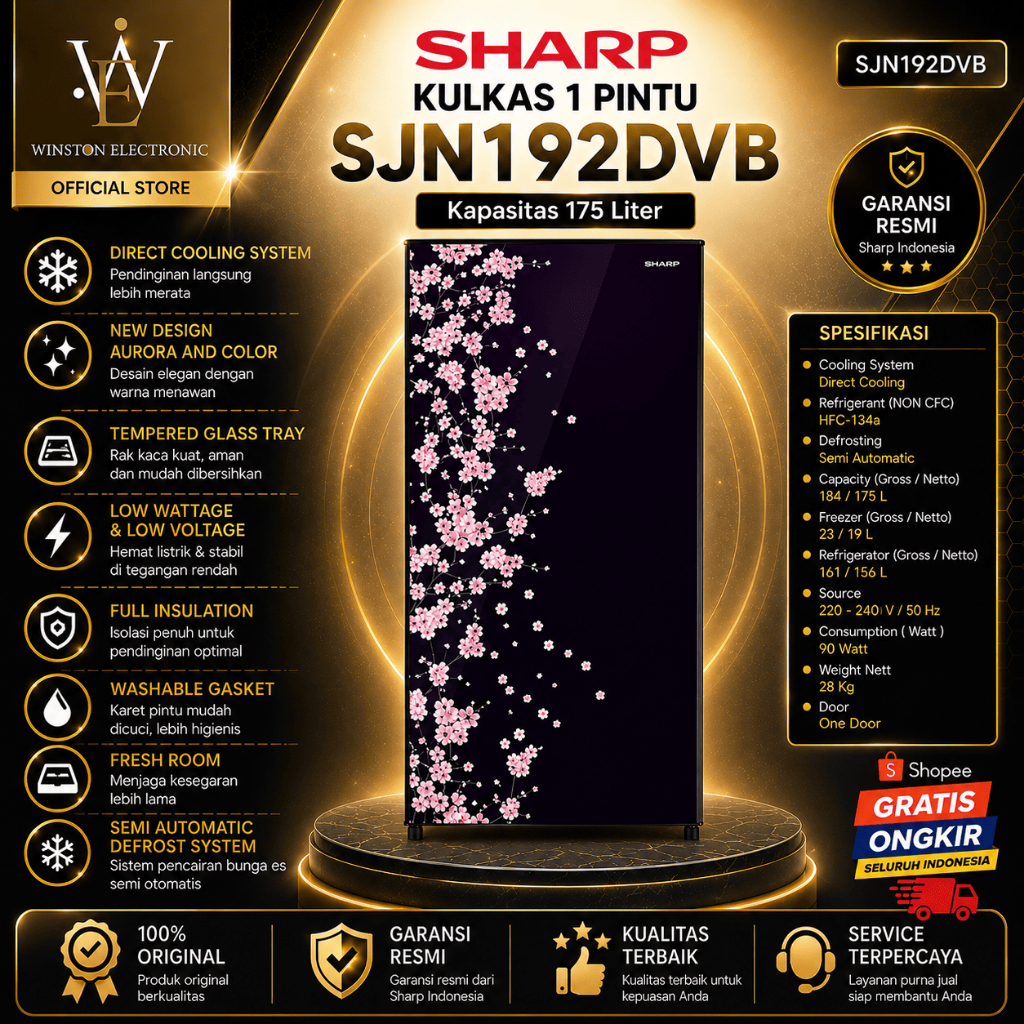 KULKAS SHARP 2 PINTU SJN192DVB 175L/SJN-192DVB/SJN 192DVB/SHARP KULKAS 2 PINTU/ ORIGINAL BERGARANSI