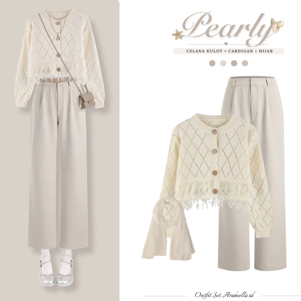 Setelan 3in1 Wanita Pearly ( Celana Kulot + Cardigan Rawis Rajut + Pashmina Jersey ) Ootd Set Kekini
