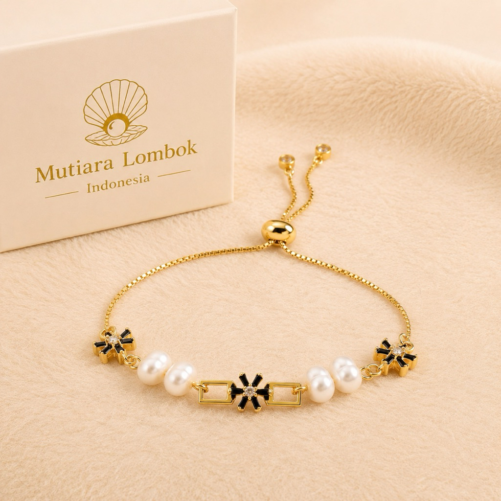 Gelang Wanita Mutiara Hitam Lombok Asli Titanium Gold Adjustable Premium
