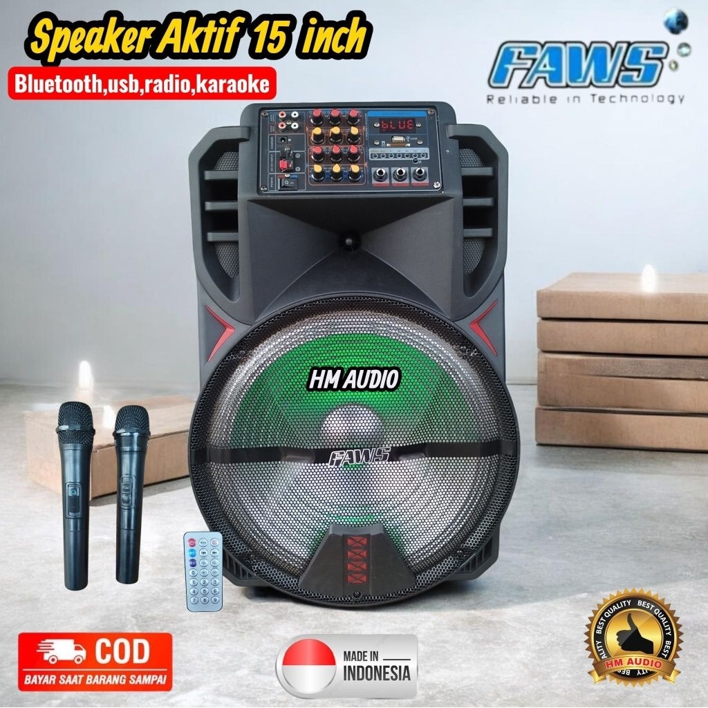 Speaker Aktif 15 inch Faws bonus Mic wireless dan paking kayu