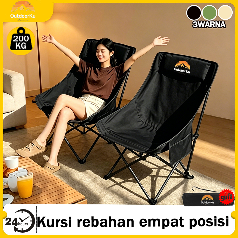 Outdoorku Kursi Lipat Camping  Empat Posisi Sandaran Adjustable, Kursi Bulan Sabit Tahan Beban 200KG