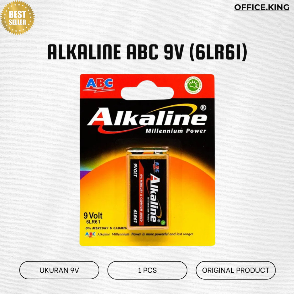 ABC Alkaline Battery 9V (6LR61) Original – Baterai Kotak 9 Volt Original, Tahan Lama & Anti Bocor