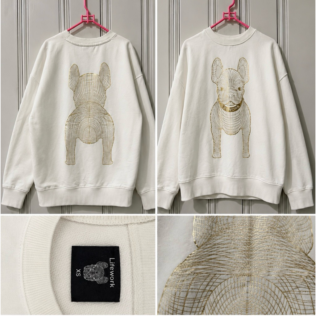 LIFEWORK Crewneck Original Preloved White Gold Bulldog Size XS