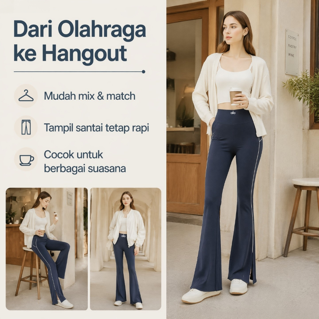 ALO Celana Yoga Wanita High Waist Flare Stretch Celana Sport Pilates Gym Nyaman Premium