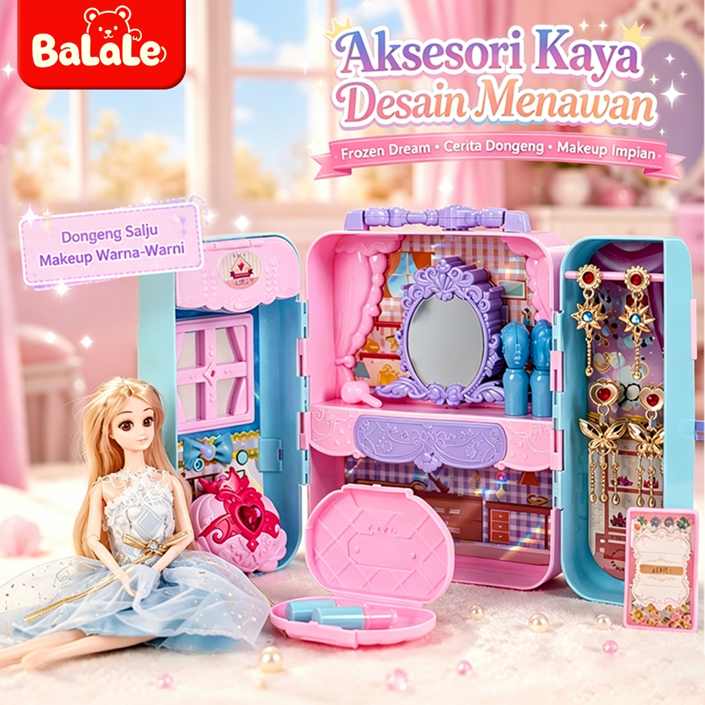 Set mainan berdandan lipat multifungsi 3-in-1, ruang ganti Putri Frozen 3D, tas tangan dengan lampu 