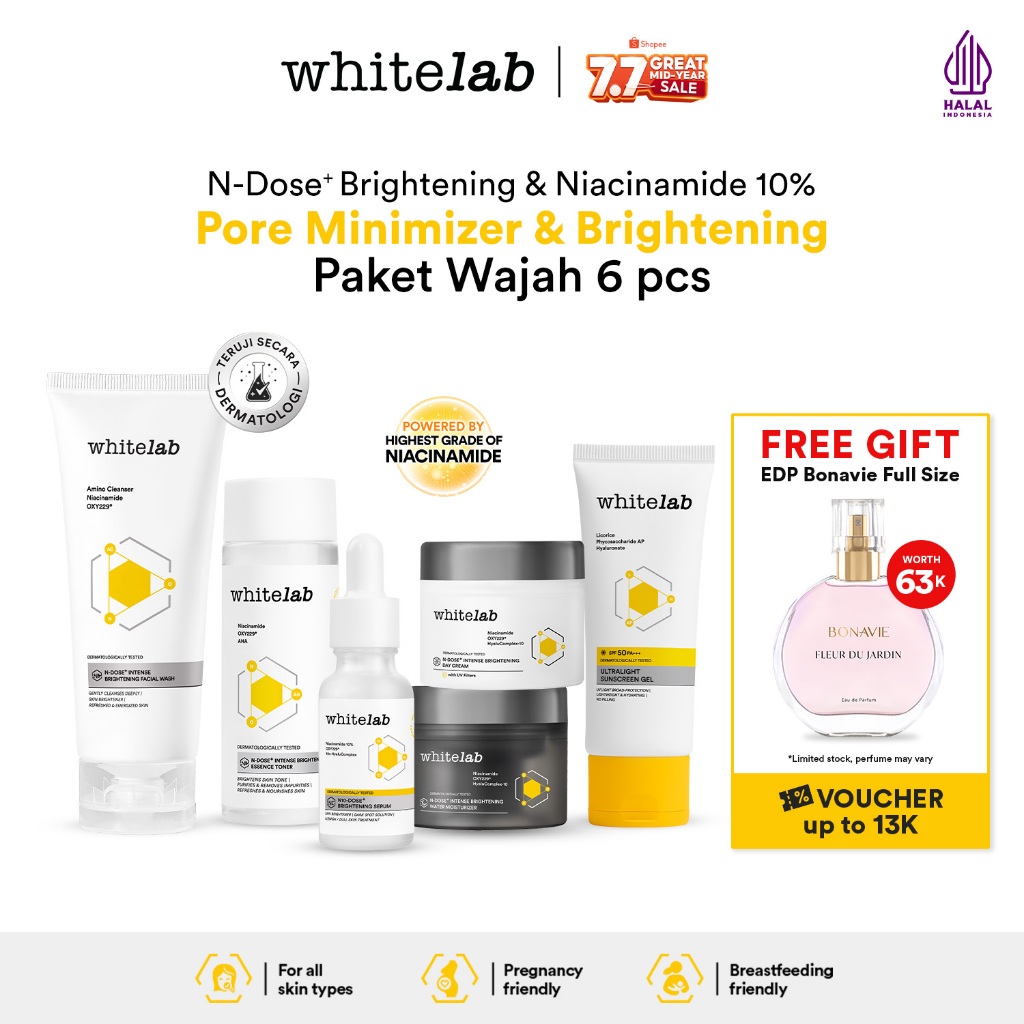 Whitelab Paket Wajah Brightening Niacinamide Facial Wash, Toner, Serum, Moisturizer, Sunscreen - 6 p