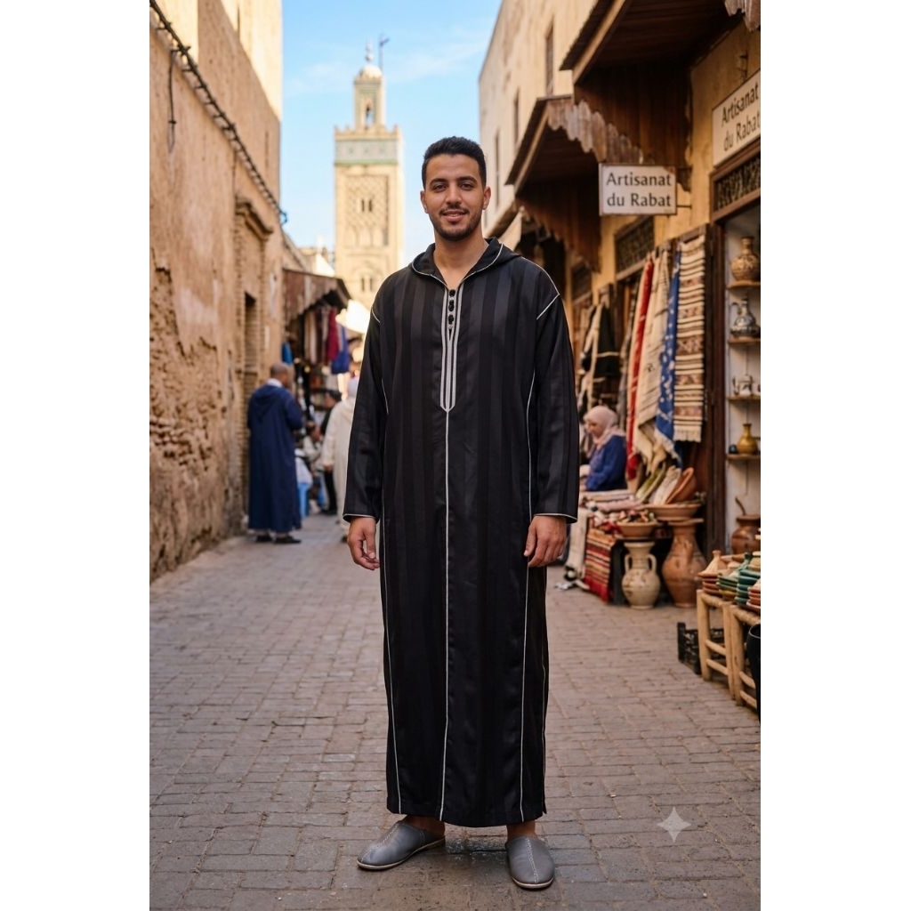 Baju Umroh Gamis Hoodie Djellaba Maroko Jalabah Jubah Kapucong Maroko Pria Polycotton Hitam