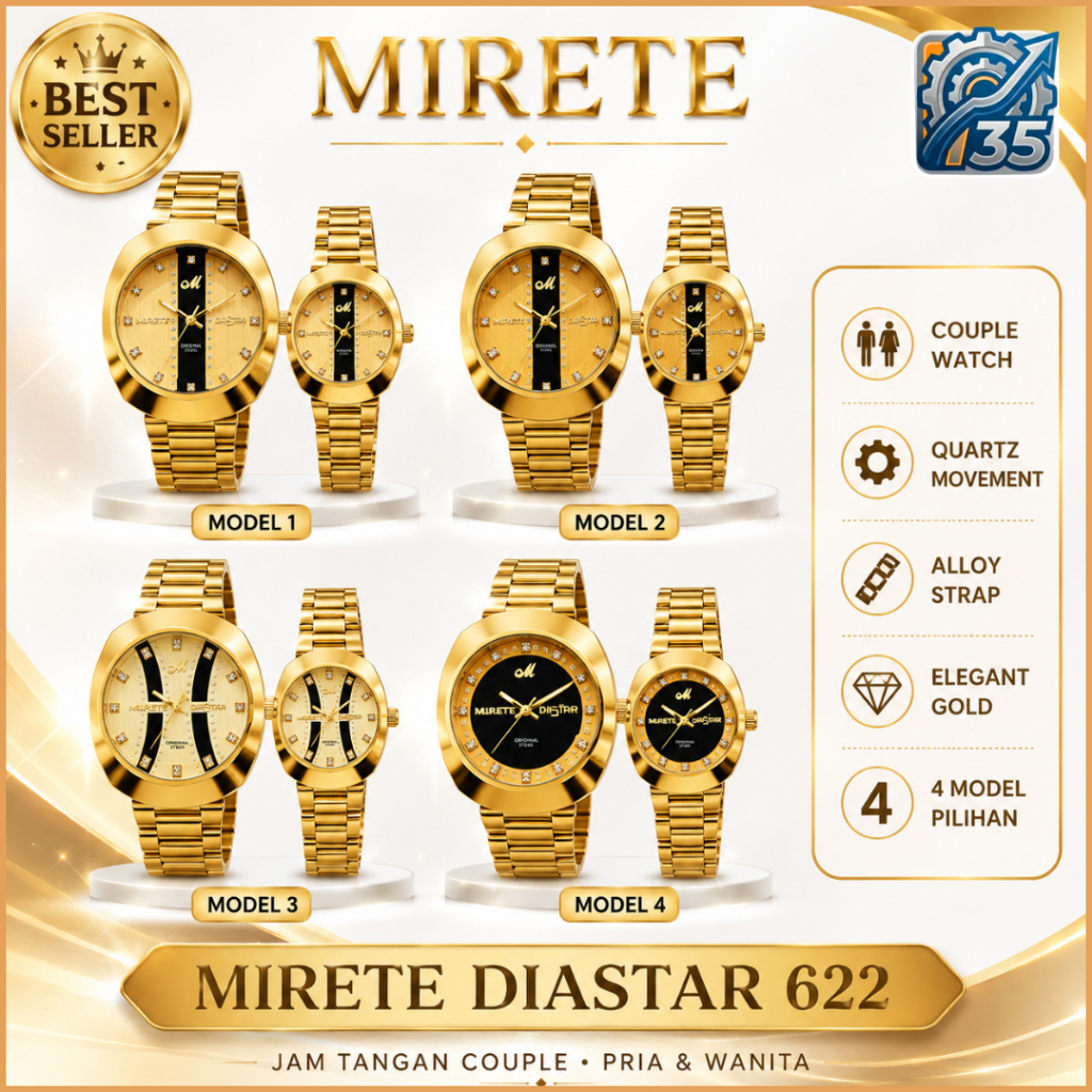 Jam Tangan Couple MIRETE DIASTAR 622 Gold Original | Analog Quartz | Stainless Steel | Tanggal Aktif