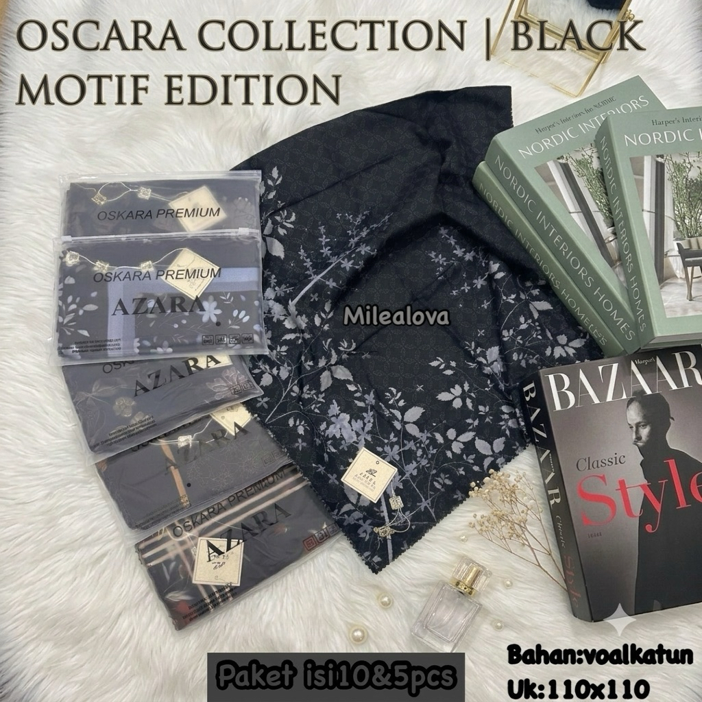 POUCH BAHAN OSKARA Paket 10 Hijab Segi Empat Bahan Oskara Motif Hitam Tepi Laser Cut OSKARA MOTIF HI