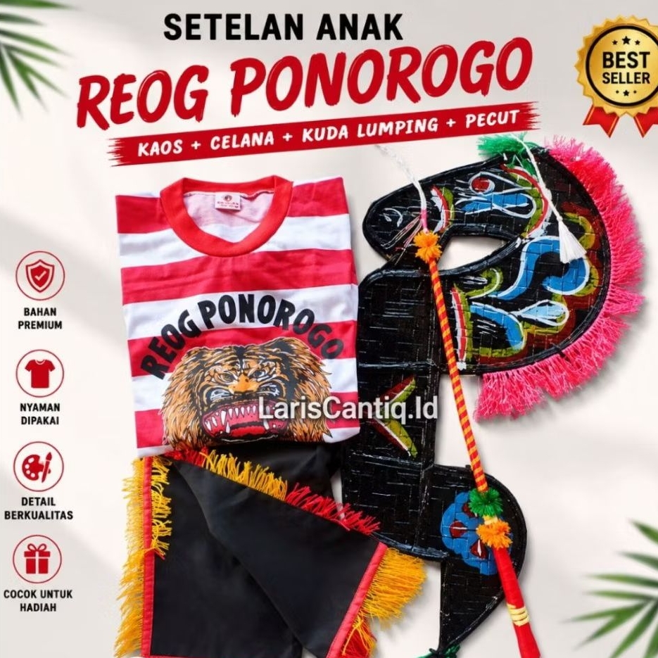 Stelan Anak Reog Ponorogo | Kaos Reog + Celana Jaranan + Kuda Kepang + Pecut Cambuk