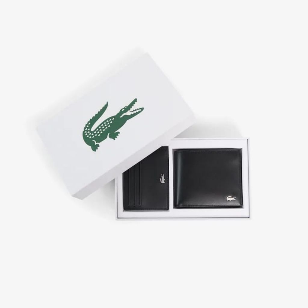 Lacoste Gift set Bifold Leather wallet + Card Holder Black / Dompet  100% Original