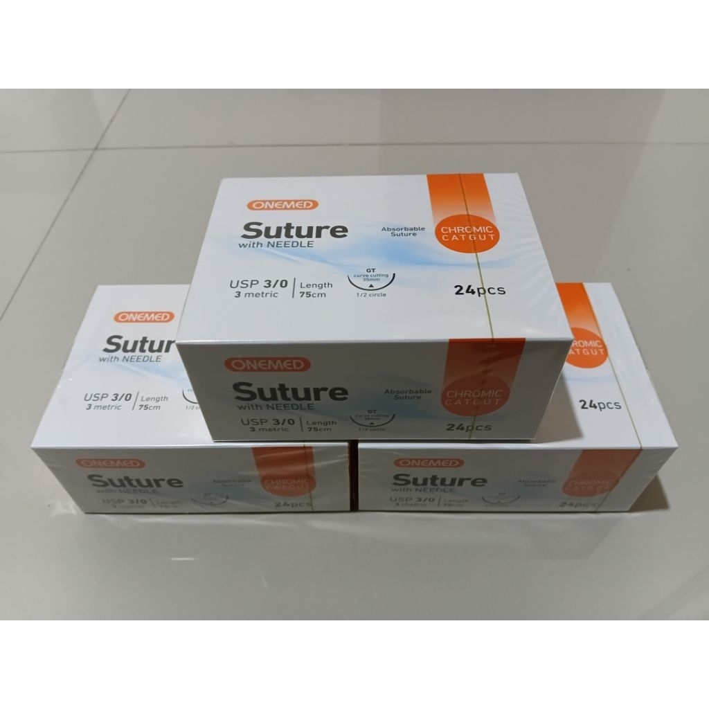 Catgut Chromic 3/0 Onemed - Onemed Suture with Needle - Onemed ( Box isi 24pcs) - Benang jahit Chrom