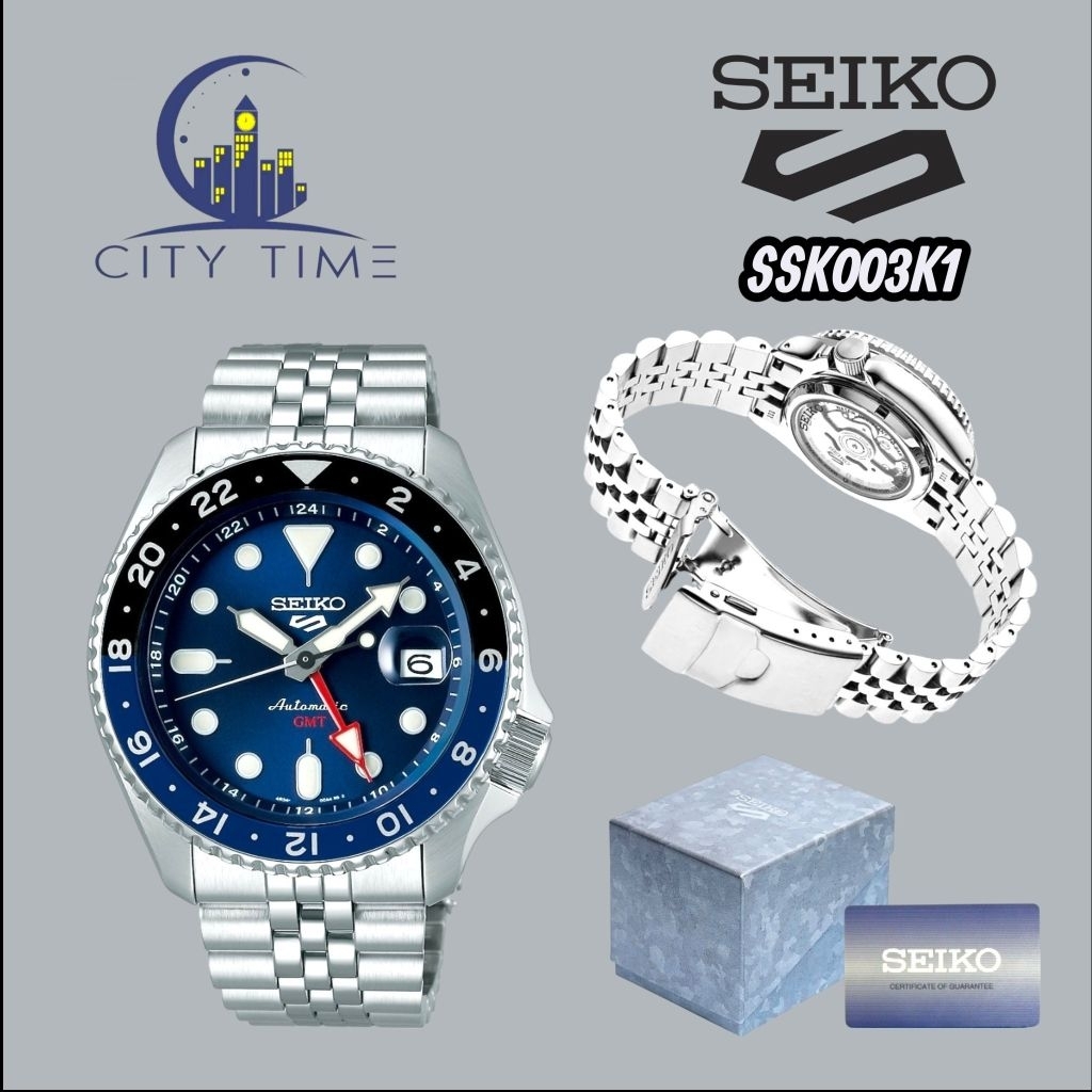 Jam tangan pria SEIKO 5 Sport SSK003K1 SKX sport style GMT Batman Automatic Blue dial stainless stee