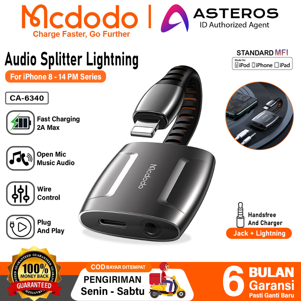 MCDODO Splitter iPhone Lighning to Jack 3.5Mm Open Mic + Charging